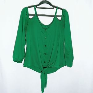 Green Cold Shoulder Crop Top with Front Tie